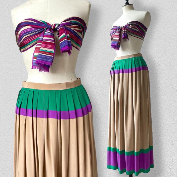 VTG Oscar De La Renta 70s 80s Silk Boho Full Maxi Skirt Colorblock Stripe Scarf - Picture 1 of 10